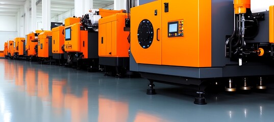 Poster - Row of Modern Orange Industrial Injection Molding Machines in a Factory