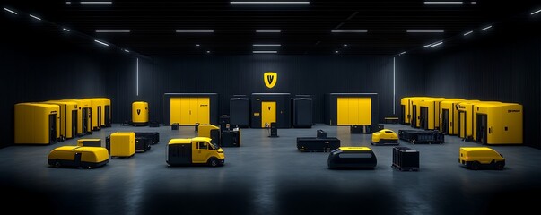 Poster - Automated Warehouse System with Yellow and Black Robotic Vehicles and Equipment