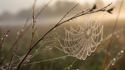 Dew-Covered Spiderweb in Morning Mist
