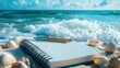 © James - Spiral sketchbook and sharpened pencils resting by seashells waves softly lapping the shore
