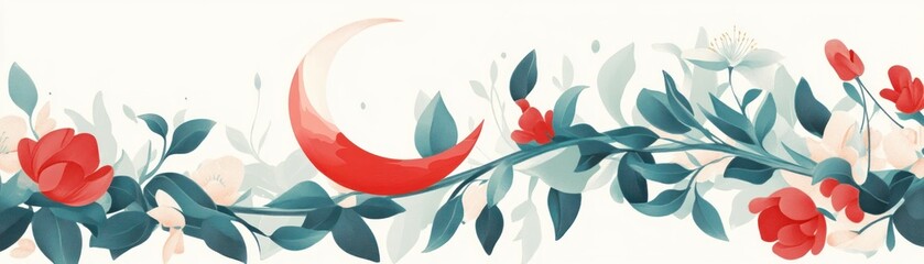 Poster - Floral illustration with a crescent moon and red flowers