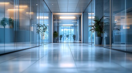 Aufkleber - Modern office corridor interior with glass walls, plants, and bright lighting, ideal for business setting