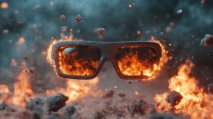 Poster - A stunning visual of sunglasses engulfed in flames and smoke creates a captivating backdrop, illustrating a bold artistic expression through dynamic visual elements and intensity.