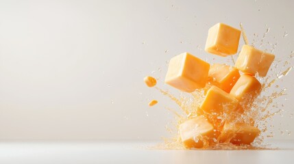 Poster - A vibrant image showcases cheese cubes dramatically splashing into a golden liquid, symbolizing indulgence, flavor, and a fun approach to food photography.