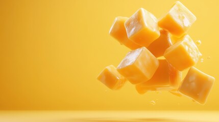 Poster - A visually striking composition of floating orange cubes against a vibrant yellow background, creating a fresh and lively atmosphere perfect for modern designs.