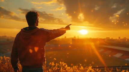 Silhouette of a man pointing towards a vibrant sunset over a city stadium