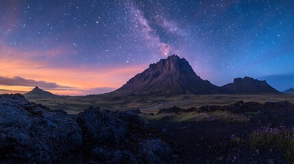 Canvas Print - Mountain range under a starry sky at dawn. Milky Way over mountain landscape. Used for landscape photography