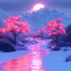 Wall Mural - pink river flows through glowing trees, snowy mountains at sunset; digital art