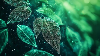 Aufkleber - Network of digital leaves connected to a virtual system, green and abstract background