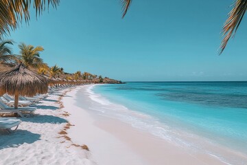 Crystal clear waters lap against soft white sand under a bright blue sky with lush palm trees dotting the coastline. Generative AI