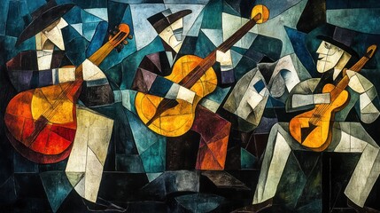 Aufkleber - Three musicians playing guitars in an abstract art style