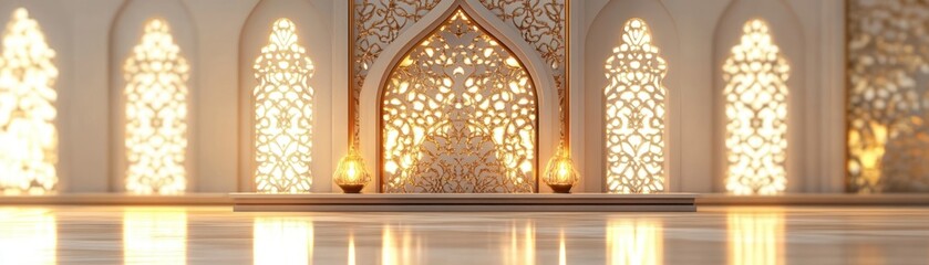 Poster - Intricate islamic architecture featuring ornate screens and soft lighting