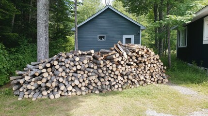 Poster - Stacked firewood logs sit in front of a small building