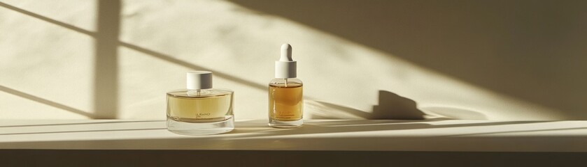 Poster - Two bottles of amber liquid are displayed in soft sunlight