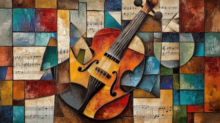 Poster - Abstract painting depicts a violin over colorful geometric patterns