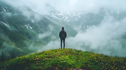 Canvas Print - Person standing atop grassy knoll, gazing at snowy mountain range shrouded in mist, exploring the outdoors