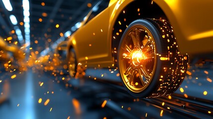 Poster - Yellow car with glowing wheels moving on an assembly line