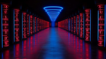 Poster - lit servers line a hallway with concentric glowing circles