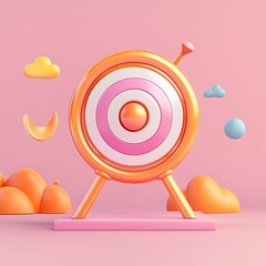Poster - A vibrant 3D rendering of a stylized target with pastel clouds and shapes.