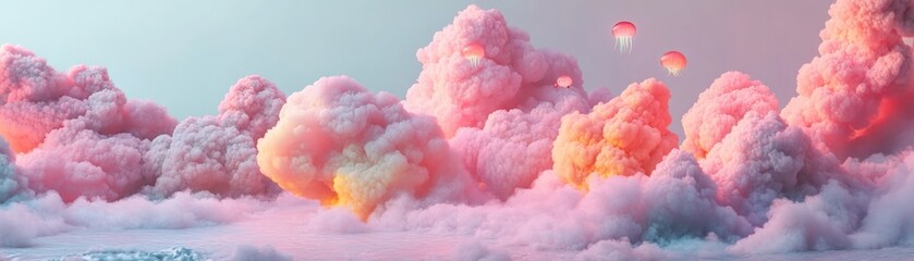 Poster - Dreamy landscape features pastel clouds with whimsical jellyfish floating above