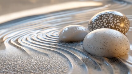 Poster - Smooth stones rest on rippled zen garden sand
