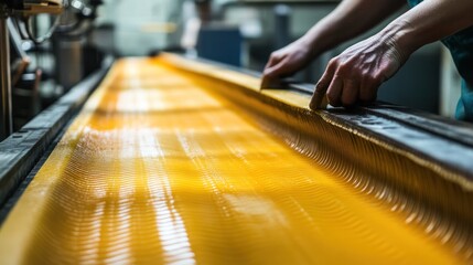 Poster - Manufacturing process displaying a worker handling a long yellow material