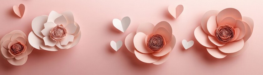 Poster - Paper flowers and hearts arranged artistically on a pale pink backdrop