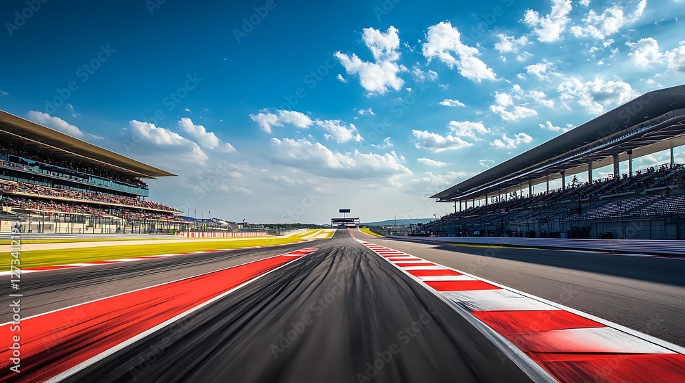 Racing Asphalt Track with Bleachers Under Blue Sky with Clouds Stock ...