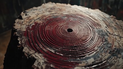 Poster - Tree stump with concentric red circles and a center hole