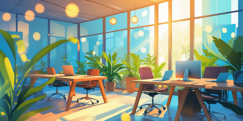 Poster - modern office space with abundant natural light and greenery during morning hours