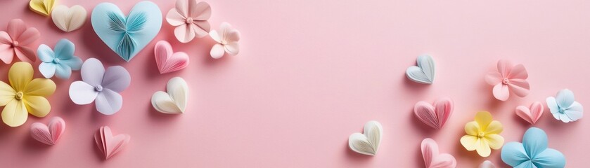Poster - Pastel Paper Hearts and Flowers on Pink Background