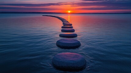 Poster - Sunrise path of stones on tranquil lake