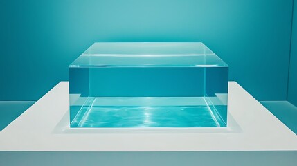 Poster - minimalist clear cube filled with teal water on white pedestal