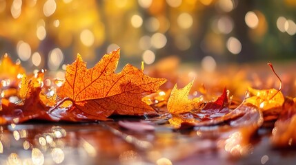 Aufkleber - Autumn leaves glisten with water droplets on a reflective surface