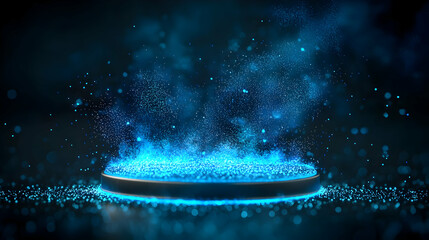 Poster - Glowing blue energy platform, dark background, product display