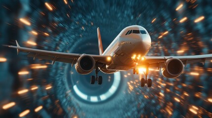 Poster - An airplane bursts through a hyperspace tunnel radiating with lights, capturing the essence of high-speed travel and evoking a sense of adventure and discovery.