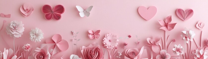 Poster - Beautiful handcrafted paper flowers and butterflies on a pink background