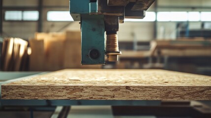 Poster - Industrial woodworking machine precisely cutting oriented strand board material