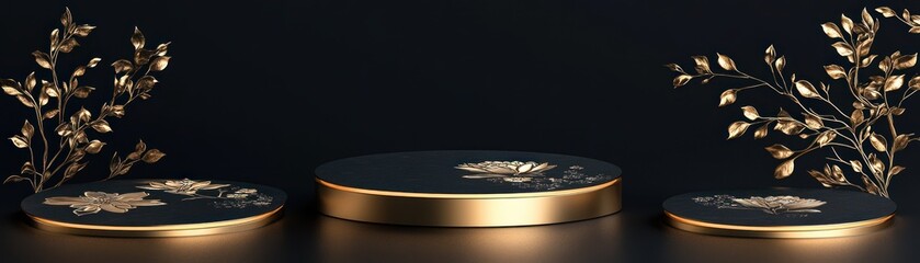 Aufkleber - Three podiums are adorned with golden botanical accents