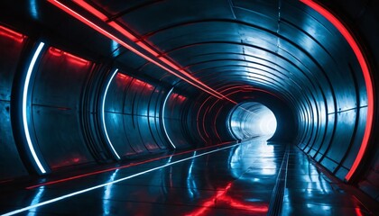 Aufkleber - Futuristic Tunnel Vision. Metallic Walls Reflect Neon Lights. A Journey Through Modern Architecture. Mysterious Light at the End. High Tech Hallway. Exploring Depth and Intrigue. Smooth Surfaces
