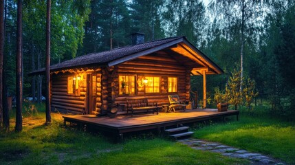 Aufkleber - Cozy log cabin glows warmly within a serene forest setting