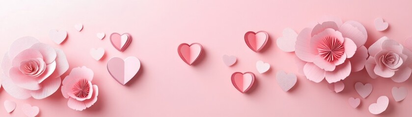 Poster - Valentines day concept with paper hearts and flowers arrangement