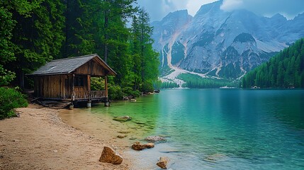 Canvas Print - Scenic lake cabin at shoreline, green waters, forest, mountain backdrop, travel, nature photo