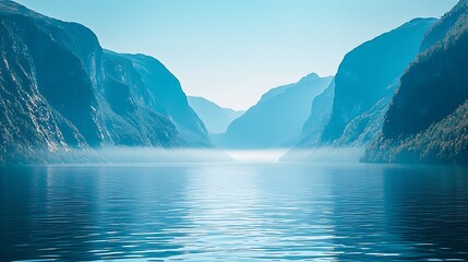 Sticker - Scenic view of fjord landscape with mountains, calm lake, and distant fog in the sunlight