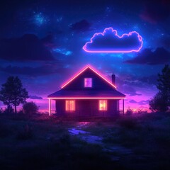 Wall Mural - neon house, night sky, cloud, rural landscape, digital art, album cover