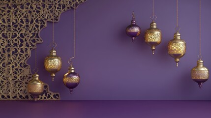 Poster - Elegant Golden Lanterns Hanging Against Purple Wall