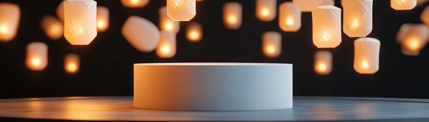 Poster - White cylindrical pedestal stands beneath glowing lanterns in dark space