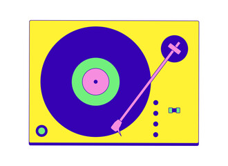 Poster - Retro turntable with vinyl record 2D cartoon object. Classic music playback. Analog sound. Old-school vibes equipment isolated element flat vector clipart on white background. Spot illustration