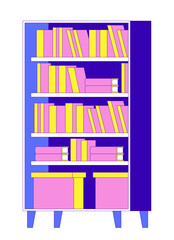 Poster - Bookcase with books and storage boxes 2D cartoon object. Bookshelves knowledge. Office furniture. Organized shelves isolated element flat vector clipart on white background. Spot illustration