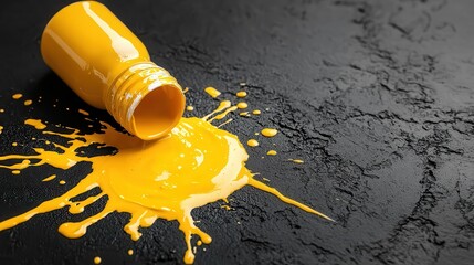 Poster - An artistic image of spilled yellow paint on a textured black surface, symbolizing creativity, spontaneity, and the beauty of imperfection in artistic expression.